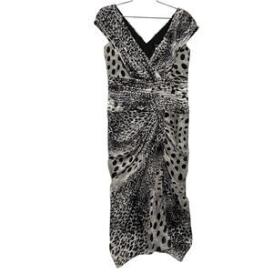 Tadashi Shoji Silk Black and Gray Polka Dot Moon Animal print Midi Dress